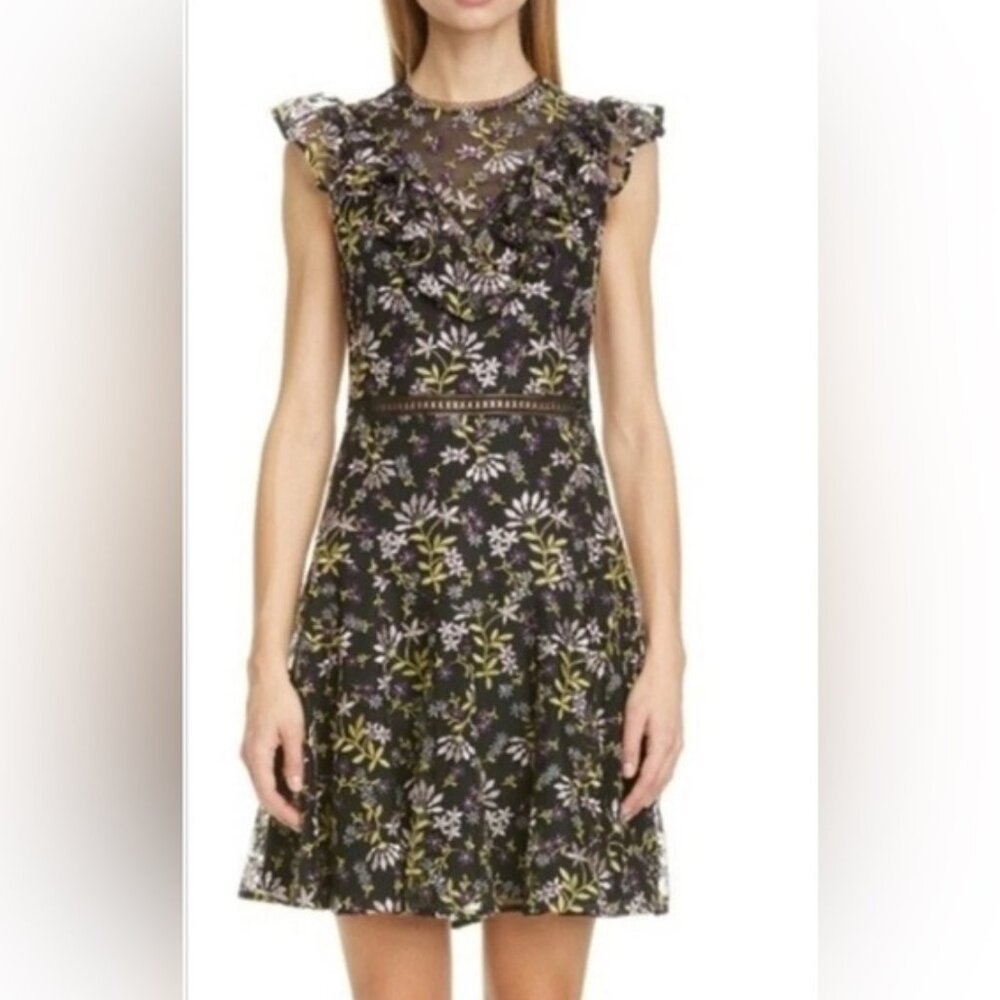 NEW ML Monique Lhuillier Floral Embroidered Dress Size 4 Black Multicolor Ruffle